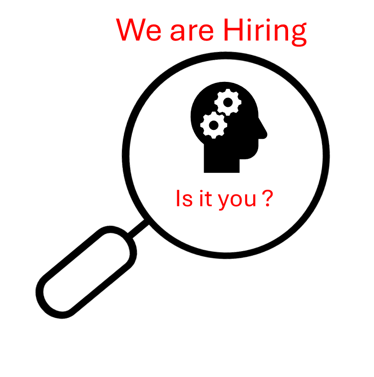 “We are hiring” text as image title. A Magnifier icon, contains a human brain icon in the center, with the text Is it you?